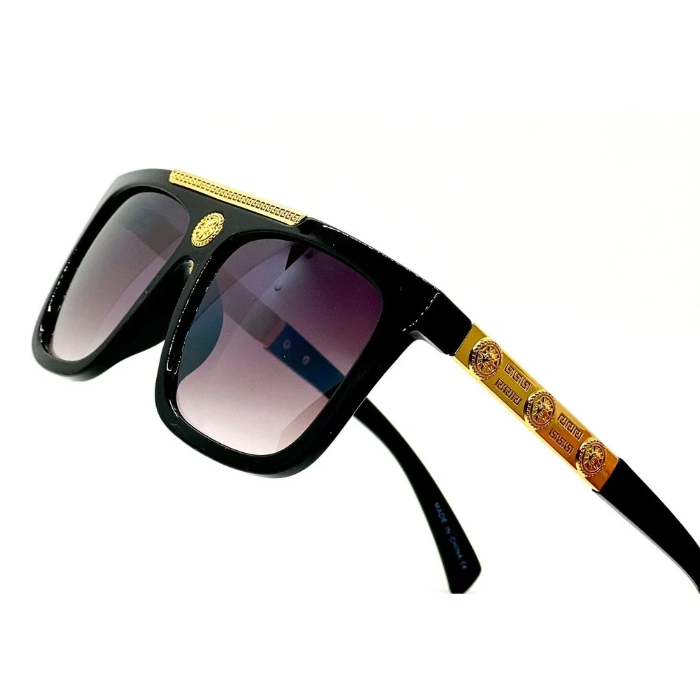 Flat Top Sunglasses‎ Men's Fashion Square Frame Gold Accent Black Lens Hip Hop